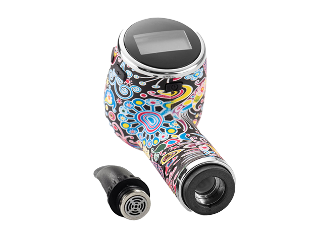 Cipher Nautilus dry herb vaporizer in Funky Flower design with mouthpiece removed showing ceramic chamber.