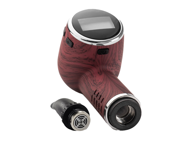 Cipher Nautilus dry herb vaporizer in Redheart Wood design with mouthpiece removed showing ceramic chamber.