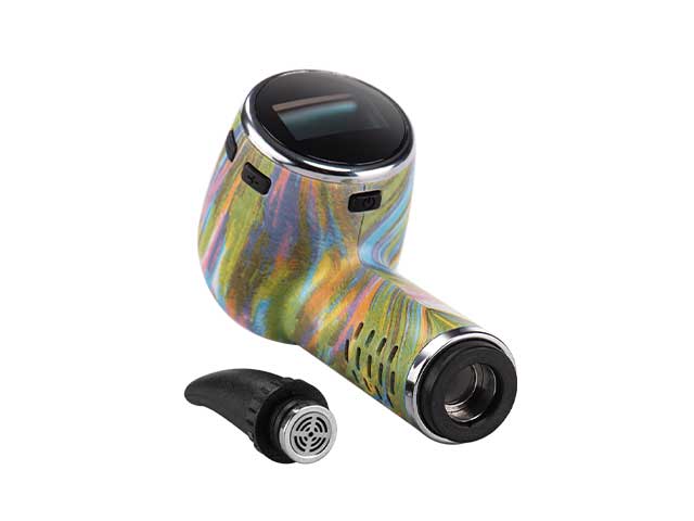 Cipher Nautilus Rainbow Eucalyptus dry herb vaporizer with mouthpiece removed showing ceramic chamber.