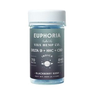 VIIA Hemp Euphoria Indica Delta 9 + HHC + CBD gummies with 70mg per gummy in blackberry kush flavor