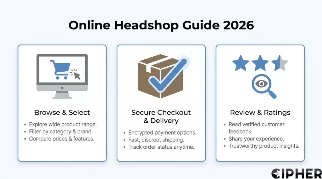 Online headshop guide for 2026 showing how to browse products, complete secure checkout and delivery, and review customer ratings