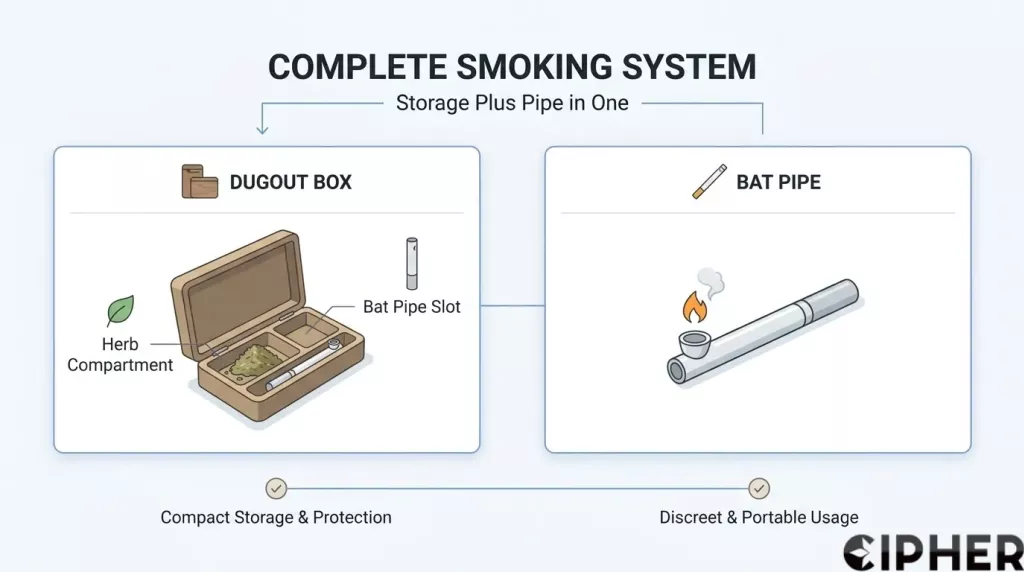 Complete dugout smoking system showing a storage box with herb compartment and a bat pipe
